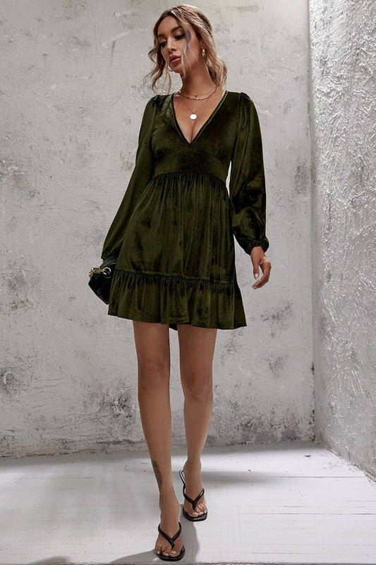 CWDSD6474_DEEP V NECK PUFF SLEEVE VELVET RUFFLE DRESS