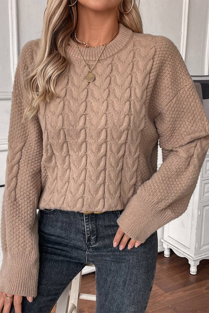 CWOSWL07456_CREW NECK SOLID CABLE KNIT LOOSE SWEATER
