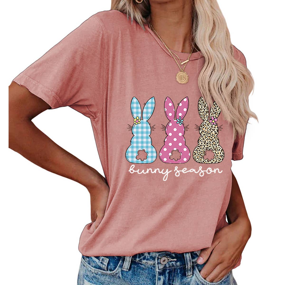 EASTER ROUND NECK LOOSE BUNNY PRINT T SHIRT_CWTTS0856
