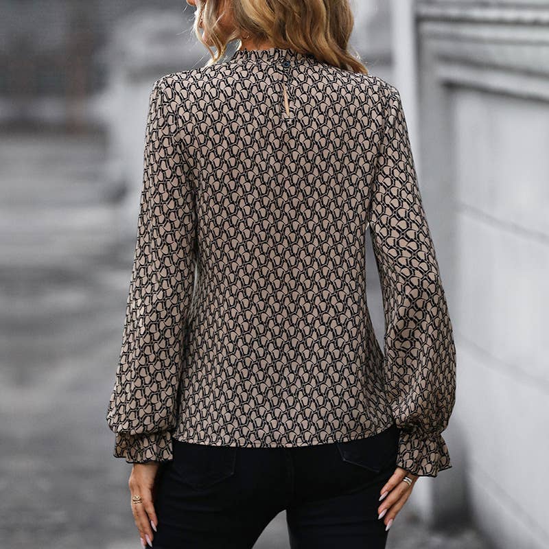 Lace-up shirt Long sleeve printed shirt
