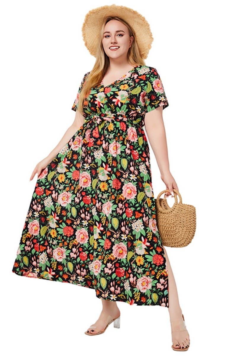 CWDMD3211_PLUS SIZED V-NECK PRINTED MAXI DRESS