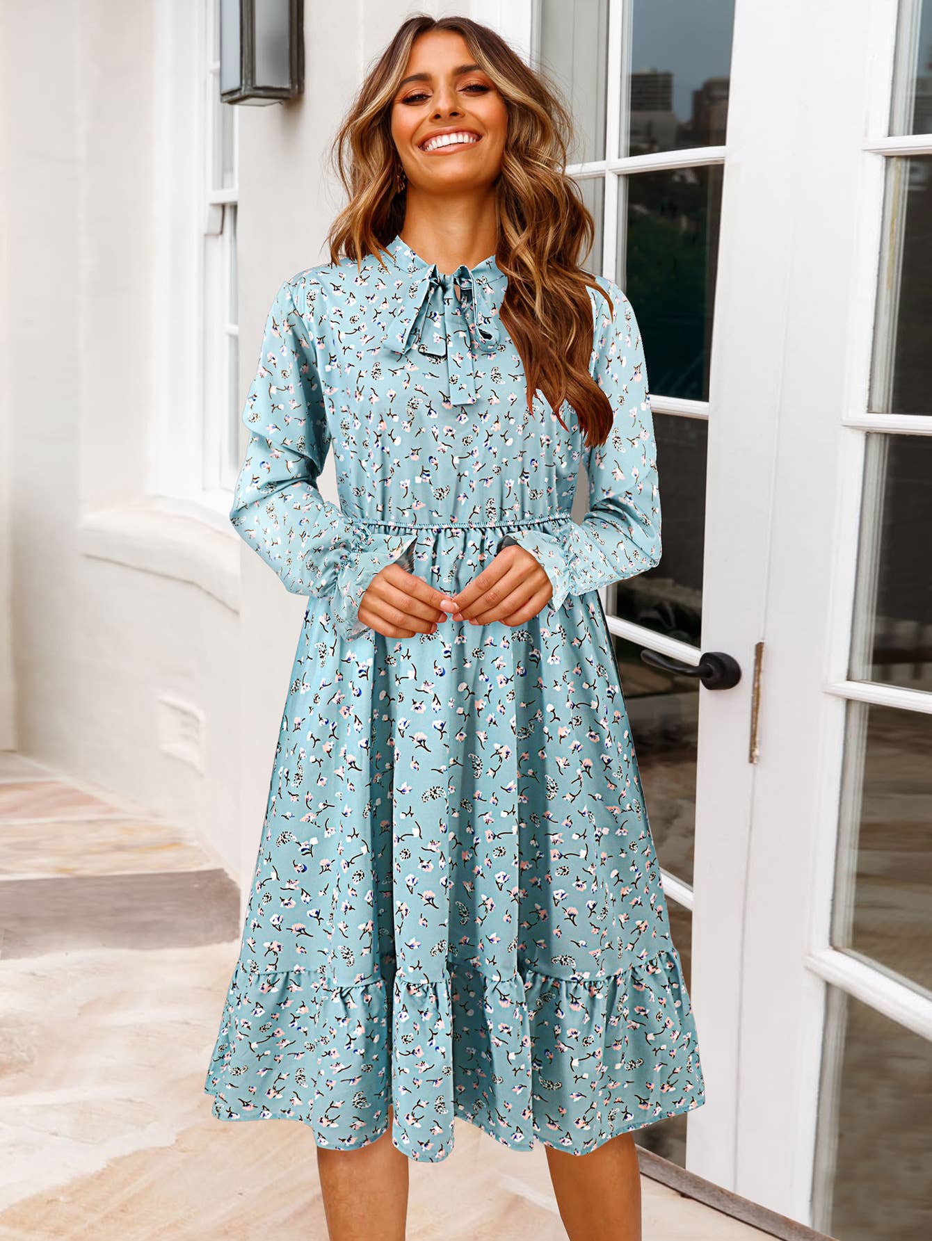 Waist-Cinched Floral Ruffle Bell Sleeve Dress