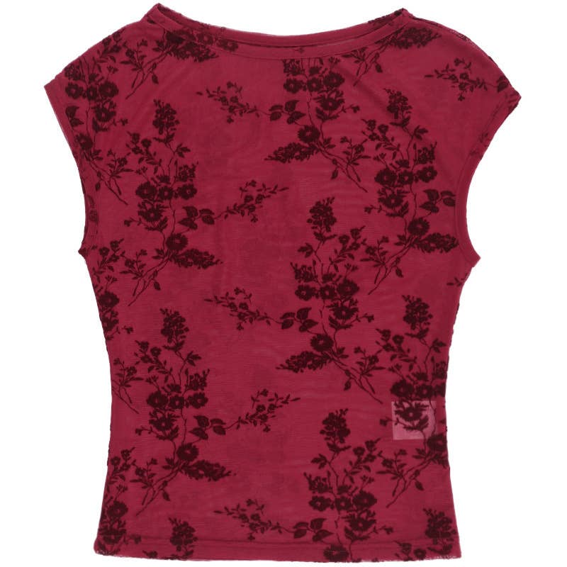 Sheer Mesh Vintage Print Sexy Top Short Sleeve