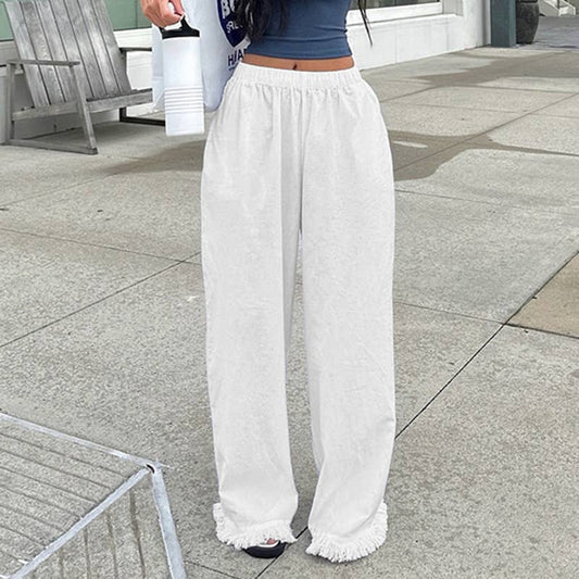 Fringed straight-leg stretched-waist woven pants
