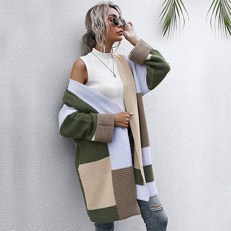 SPLICED CONTRASTING COLOR V-NECK NO BUTTON LONG CARDIGAN