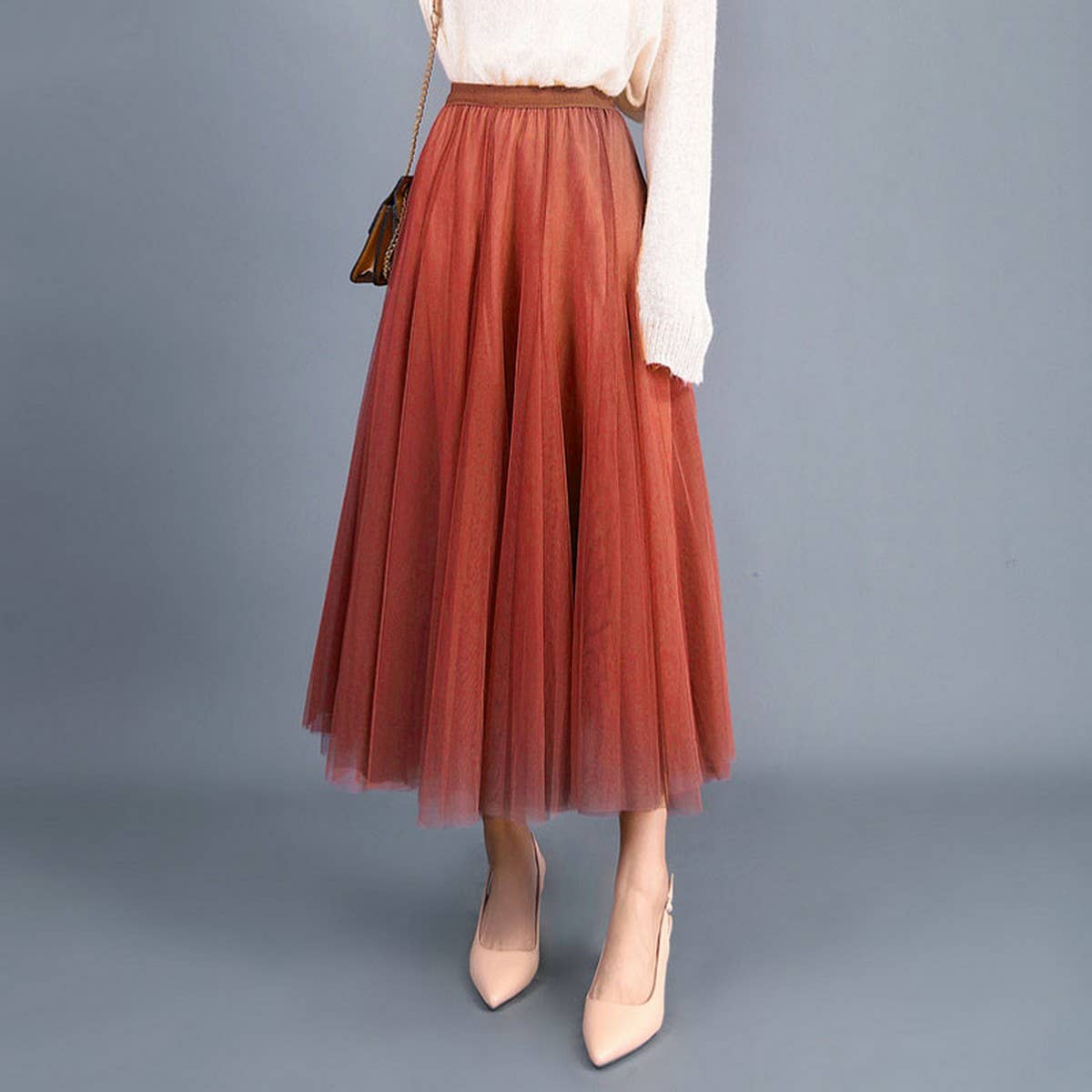 High-Waist Tulle A-Line Pleated Midi Skirt
