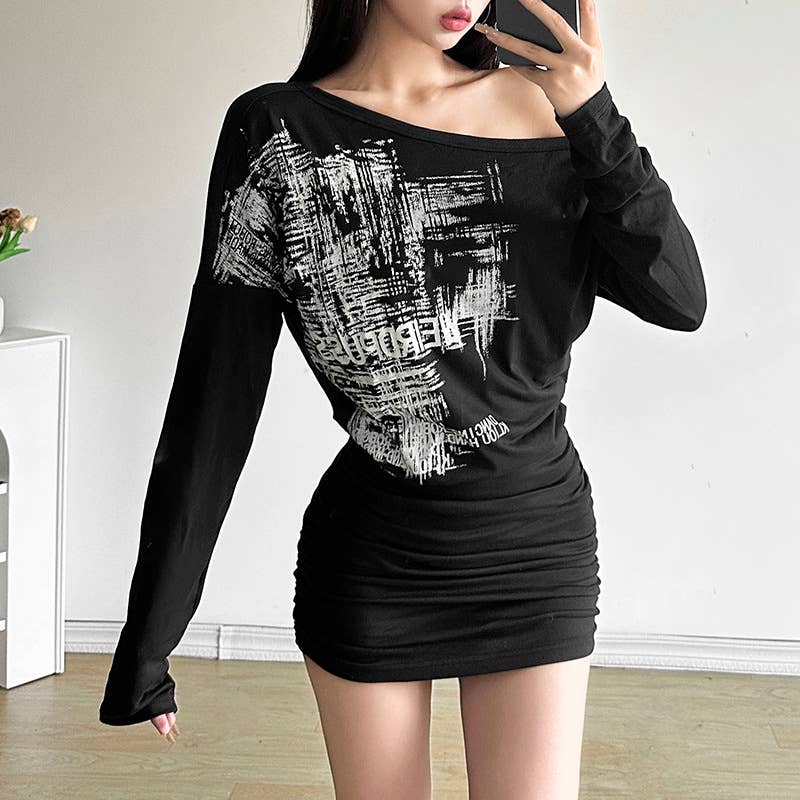 Slimming street slanted long-sleeved dress