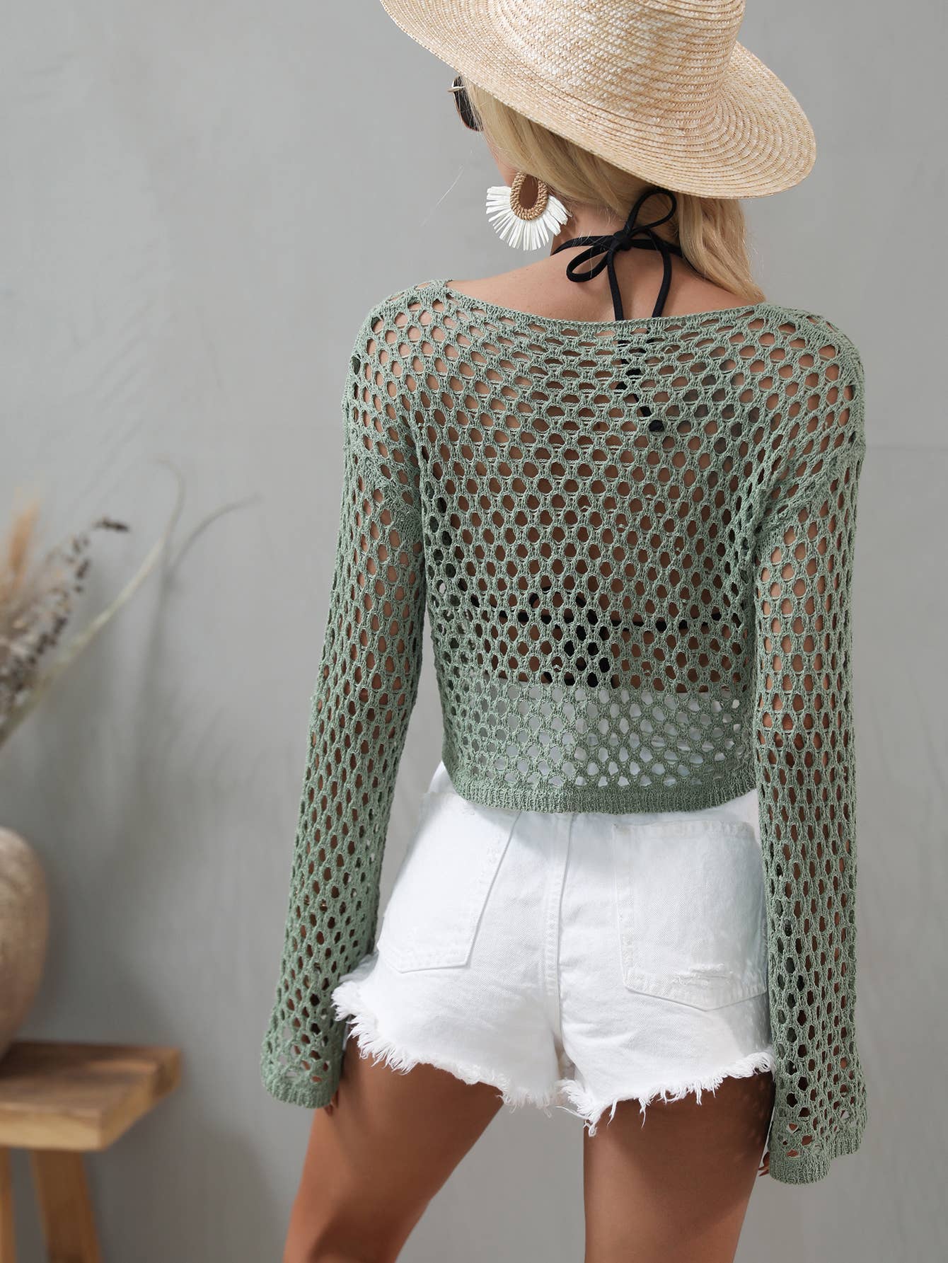 Knitted Bell Sleeve Hollow Round Neck Sweater