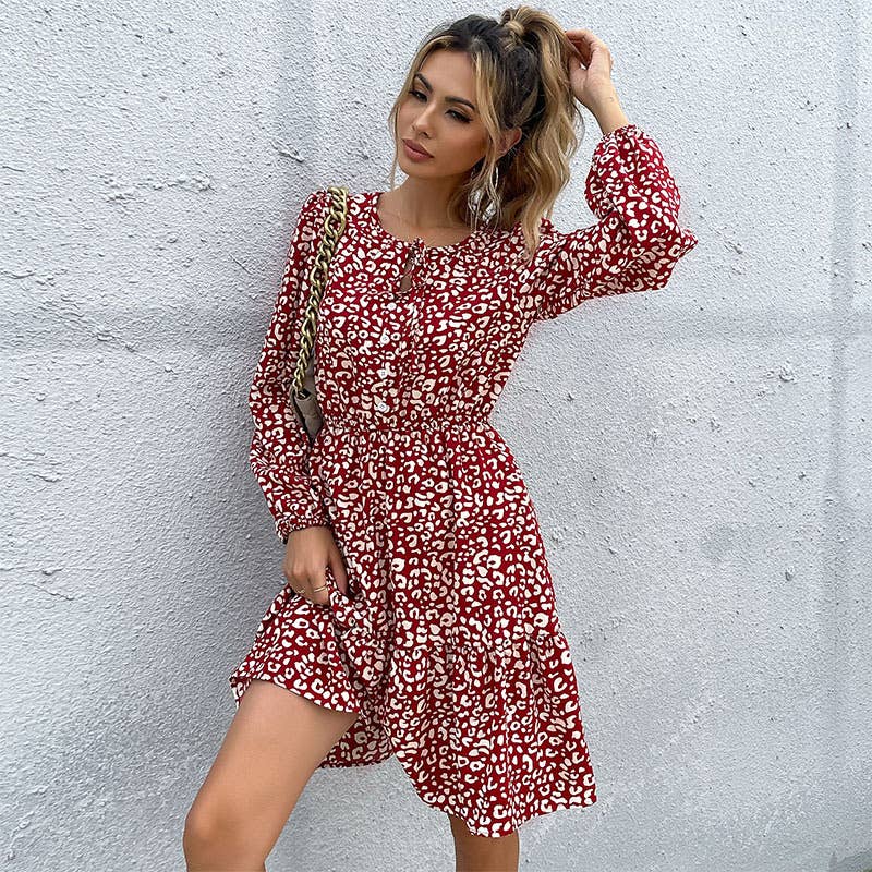 PRINTED SHORT ROUND NECK LONG-SLEEVED DRESS