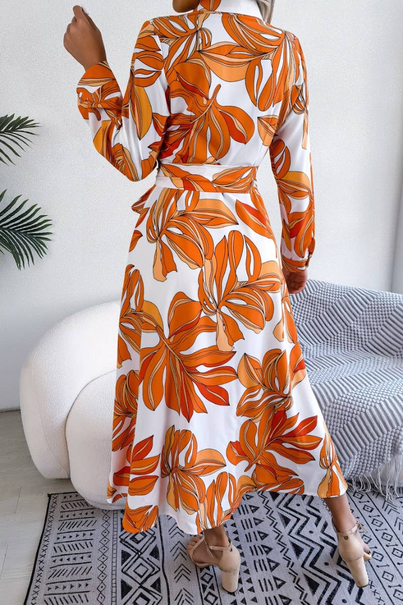 CWDMD2650_COLORFUL FLOWER LAPEL LACE-UP SHIRT LONG DRESS