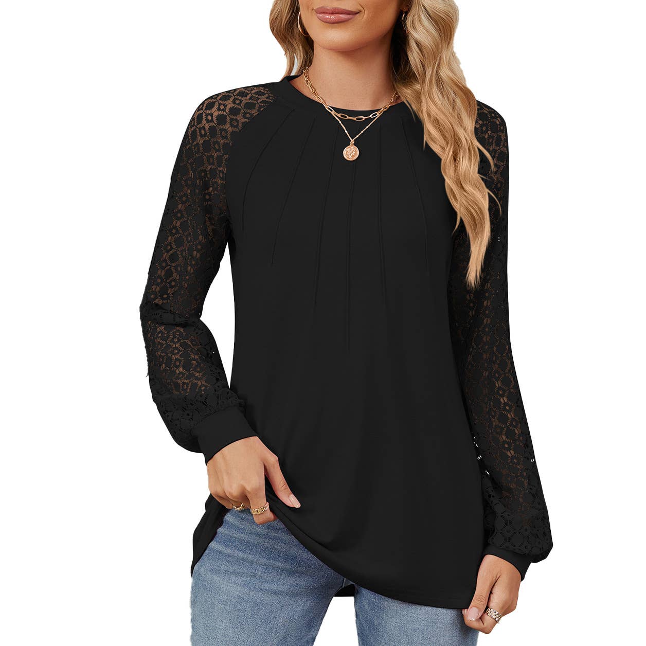 Round-neck solid-color lace long-sleeved T-shirt