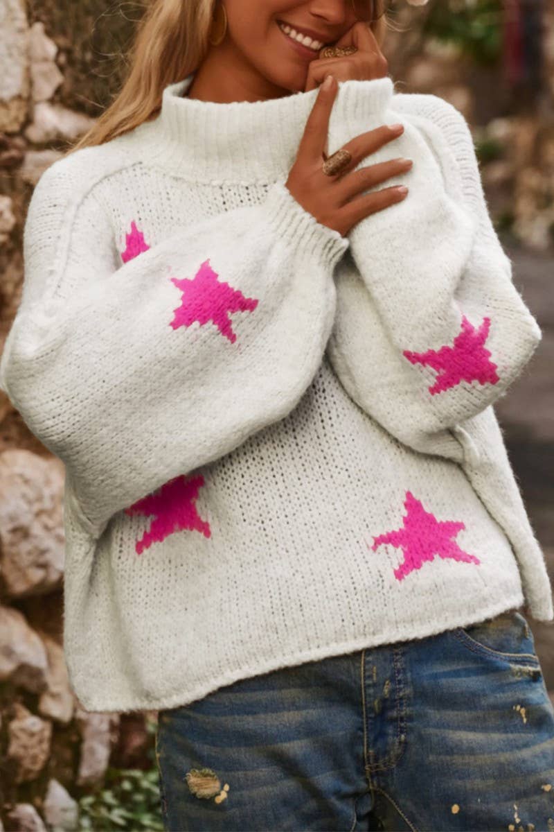 CWOSWL07457_CASUAL LOOSE HIGH NECK STAR PATTERN KNIT SWEATER