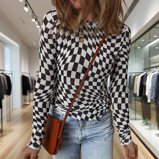 Round-neck abstract print long-sleeved T-shirt