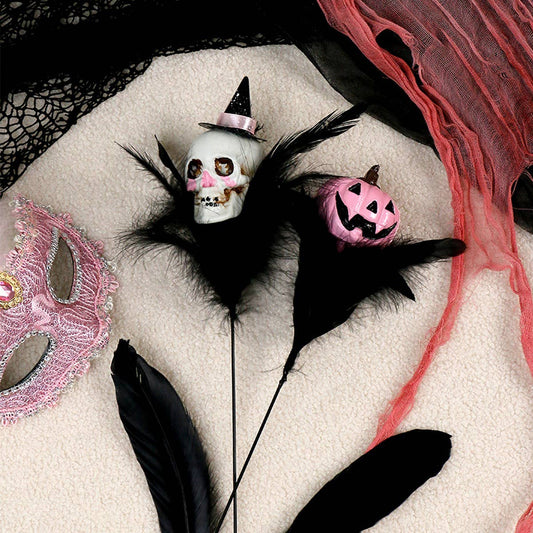 Feather Skull Pumpkin Halloween Bouquet Pick_CWMM9875