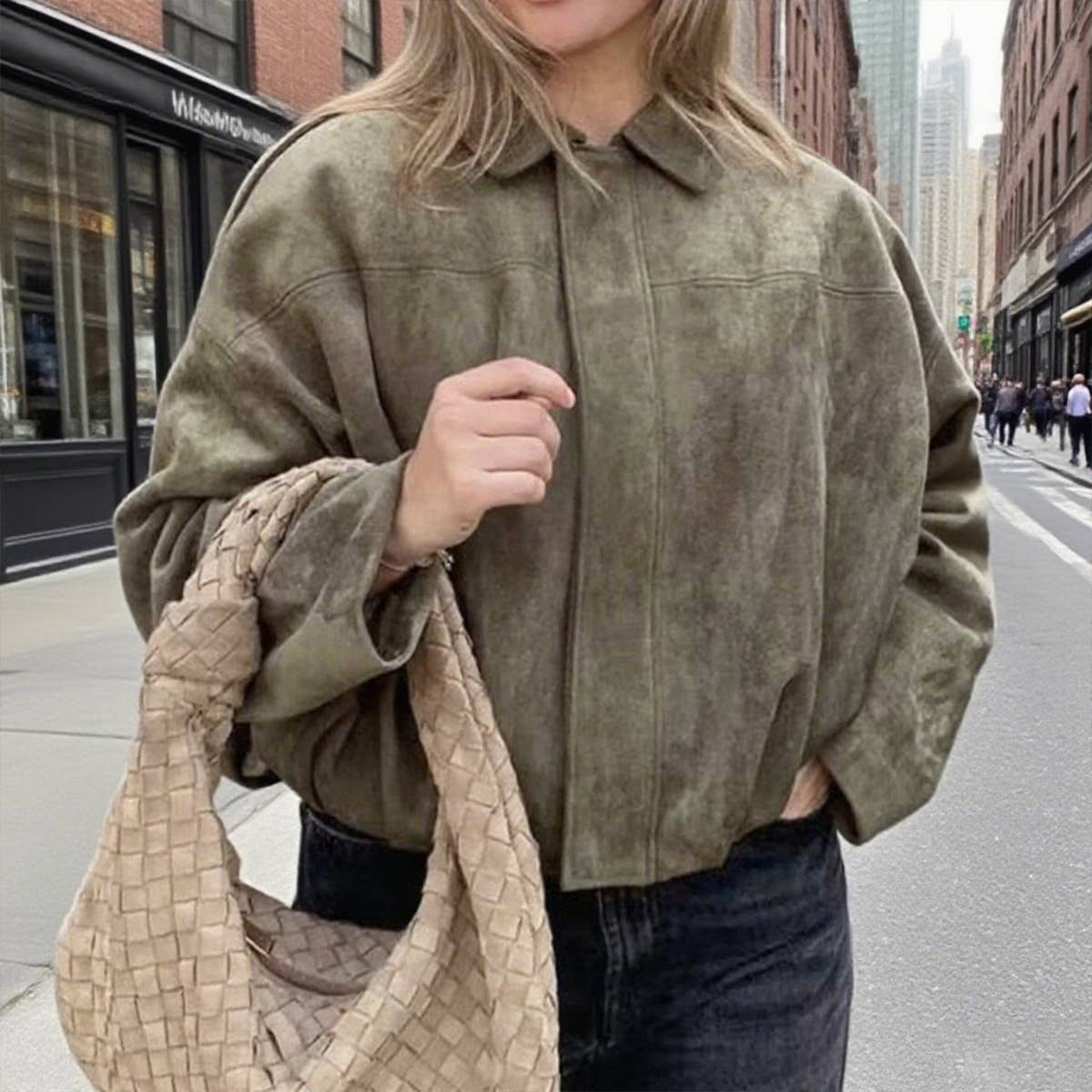 Lapel suede textured baseball jacket