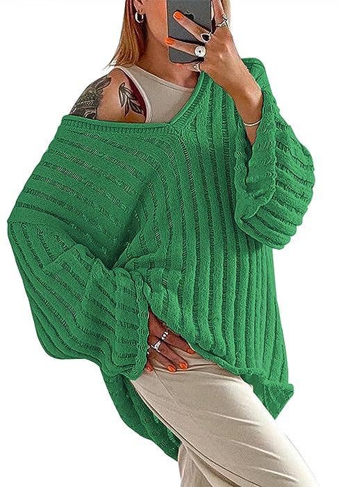 V-NECK SOLID COLOR PIT STRIPE THICK KNIT SWEATER