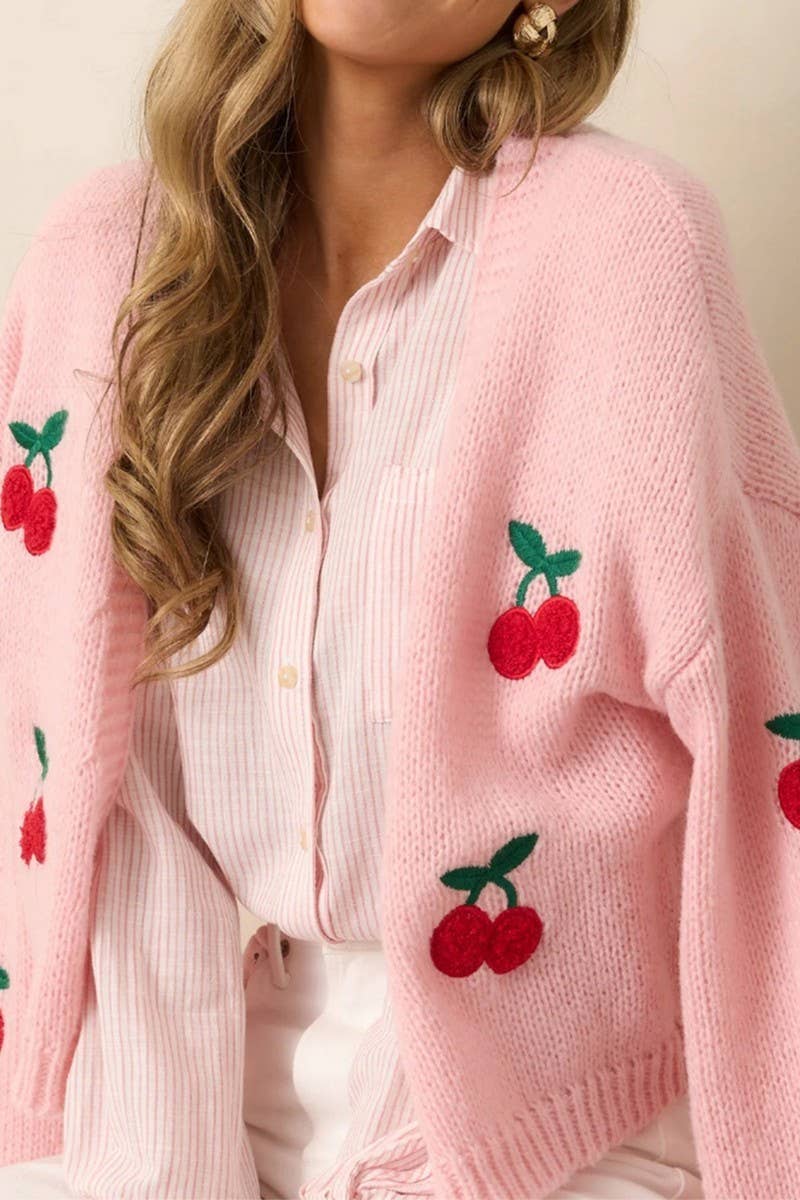 CWOCAL2361_ELEGANT PEACH EMBROIDERY KNIT CARDIGAN TOP