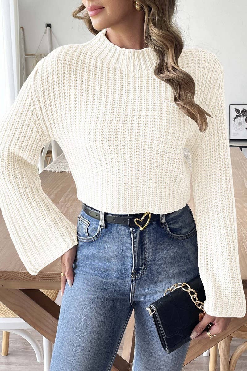 CWOSWL07329_WOMEN CROPPED TURTLENECK BELL SLEEVE SWEATER