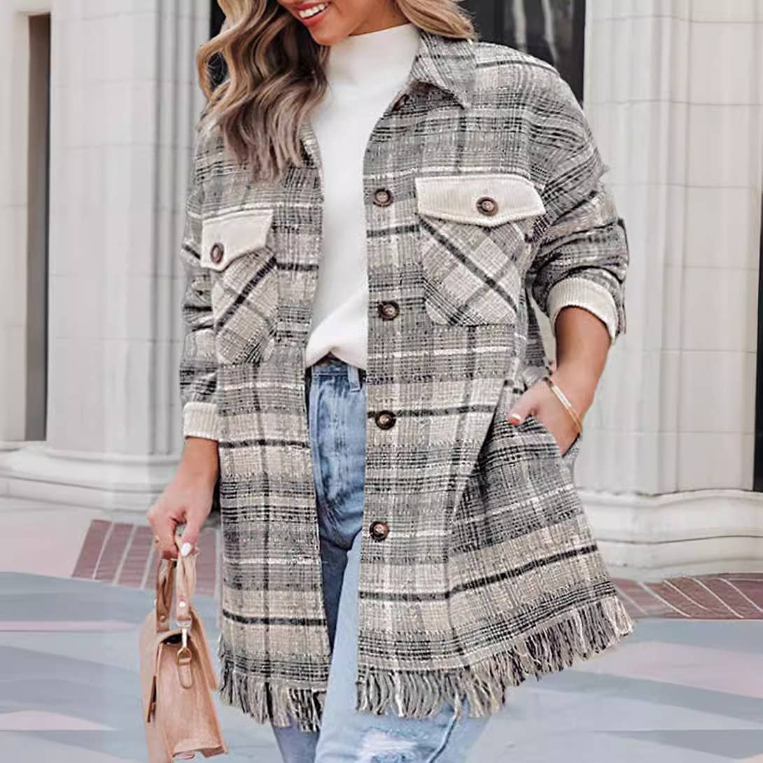 Stylish fringe pocket plaid blouse jacket for women