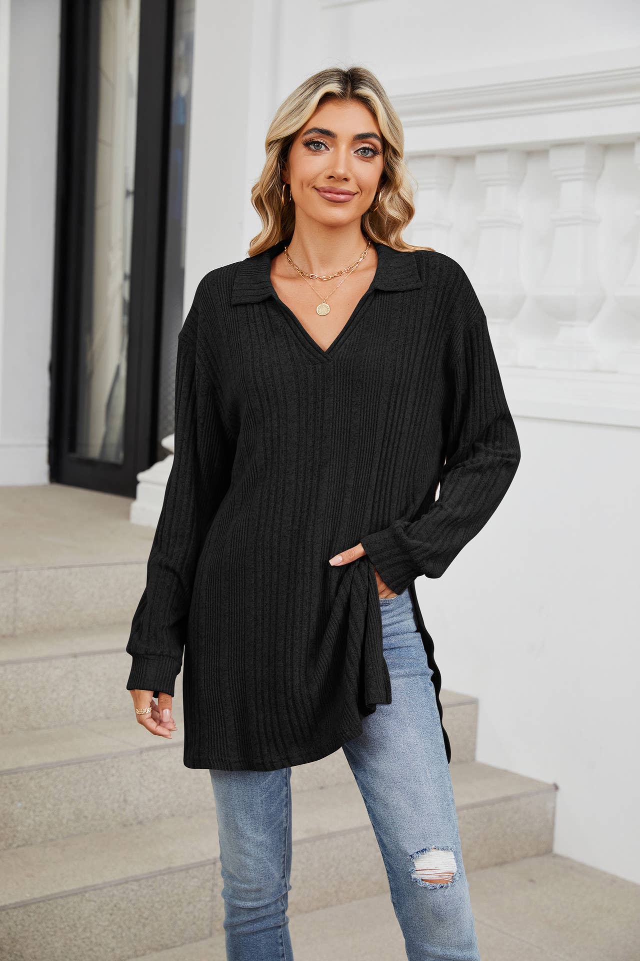 Solid-color V-neck long-sleeved loose slit Top