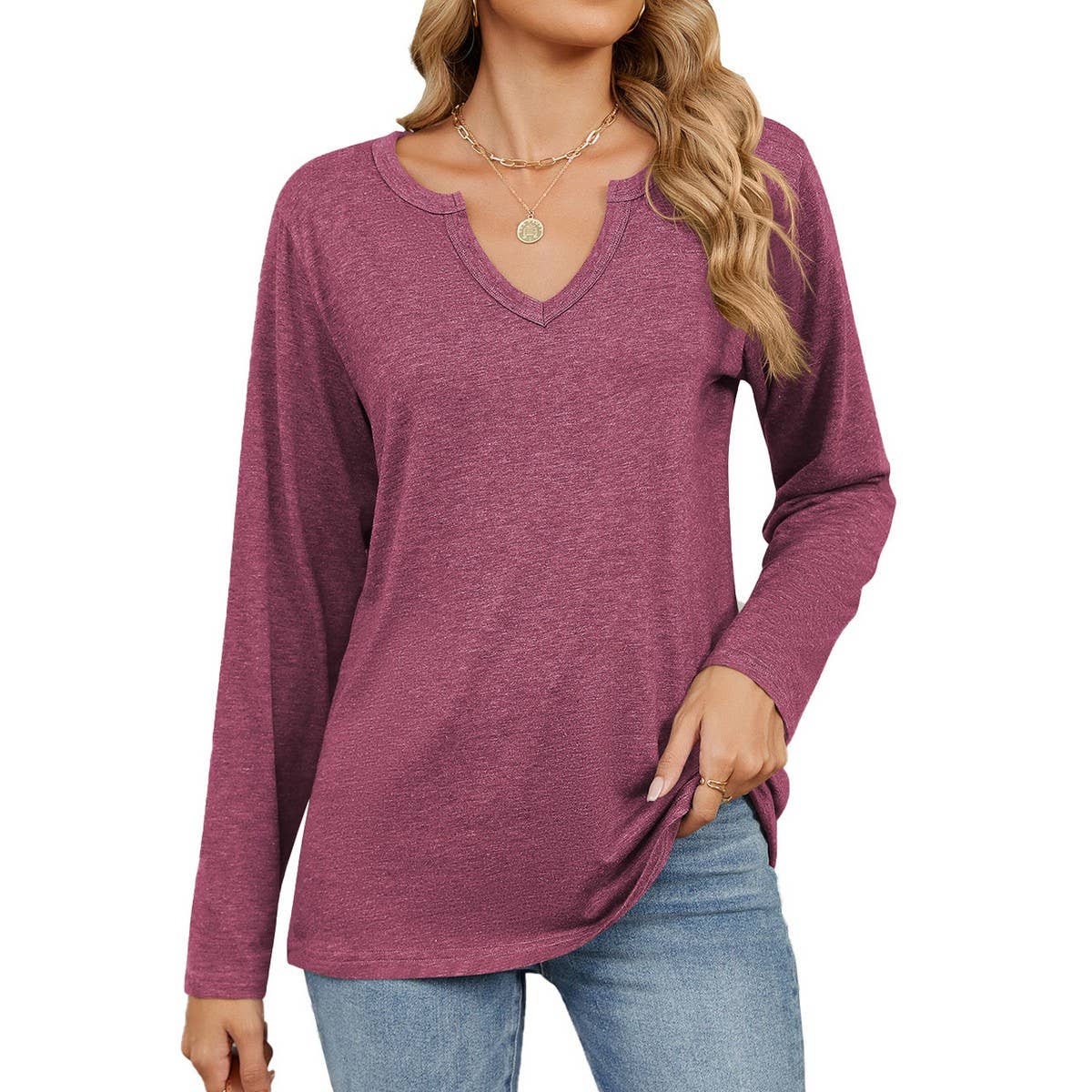 V-neck color cotton long sleeve loose T-shirt