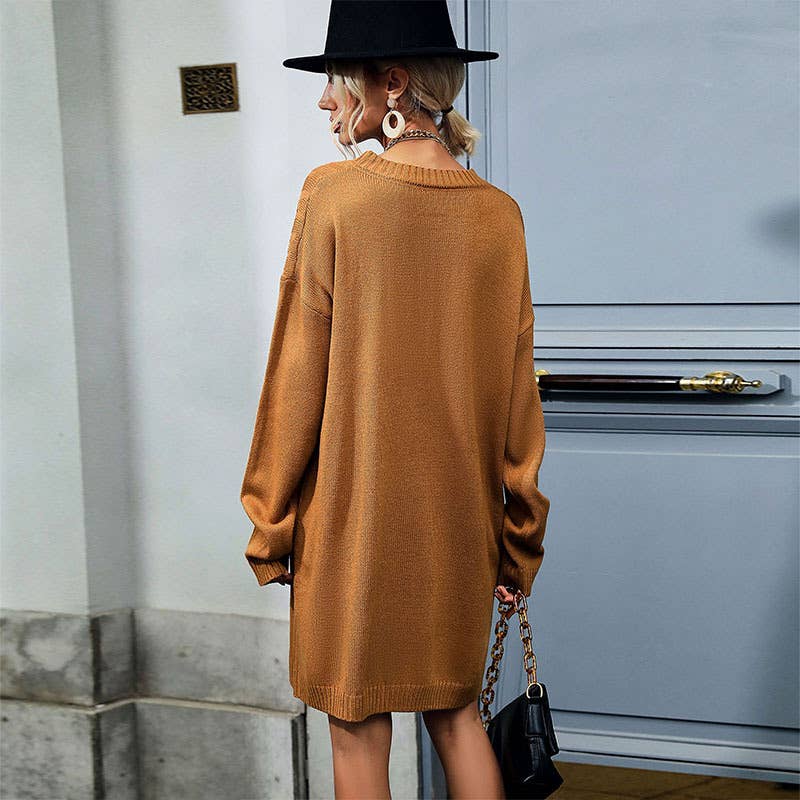 SOLID COLOR CASUAL TWISTED LONG SWEATER DRESS