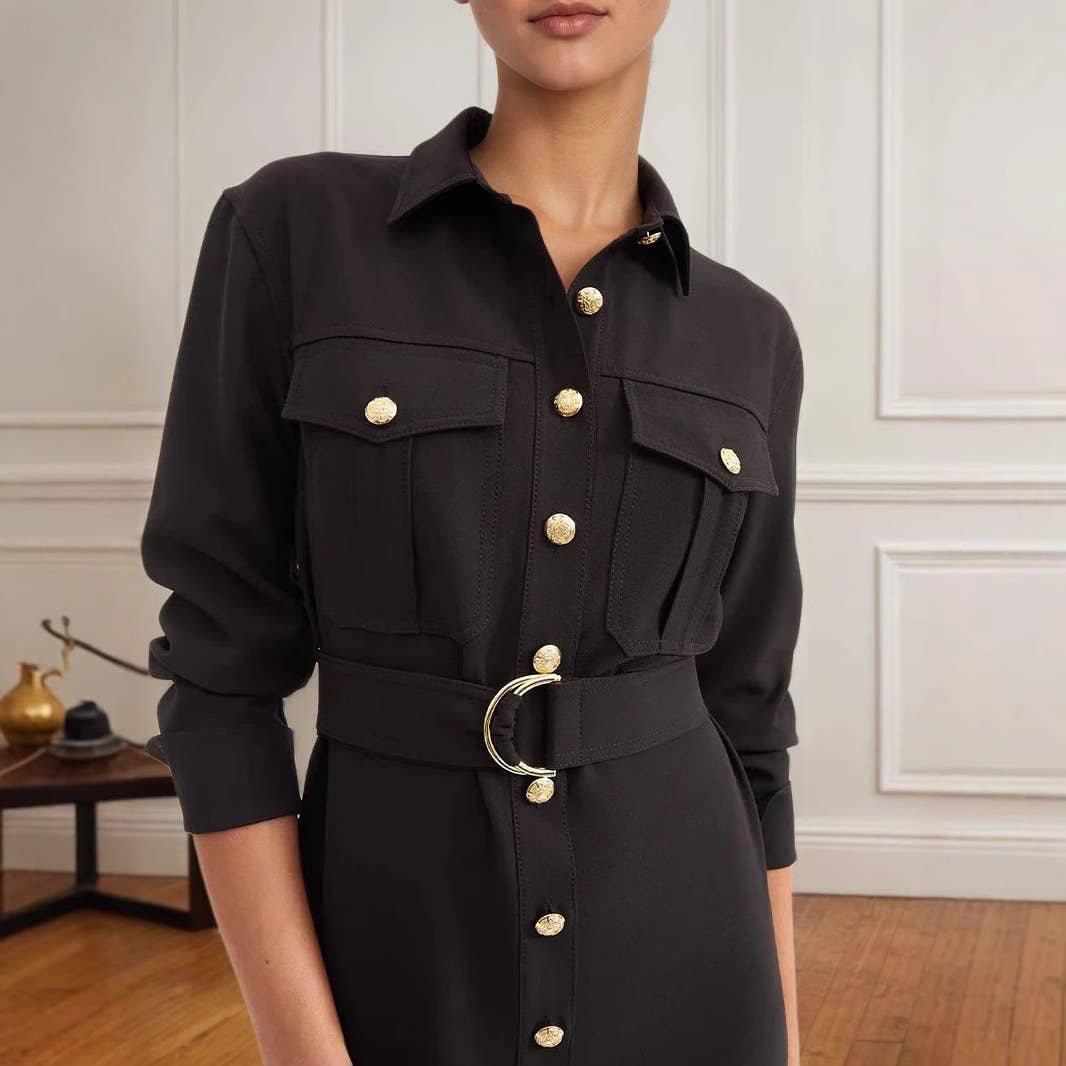 Single-row metal buttoned shirt-style dress