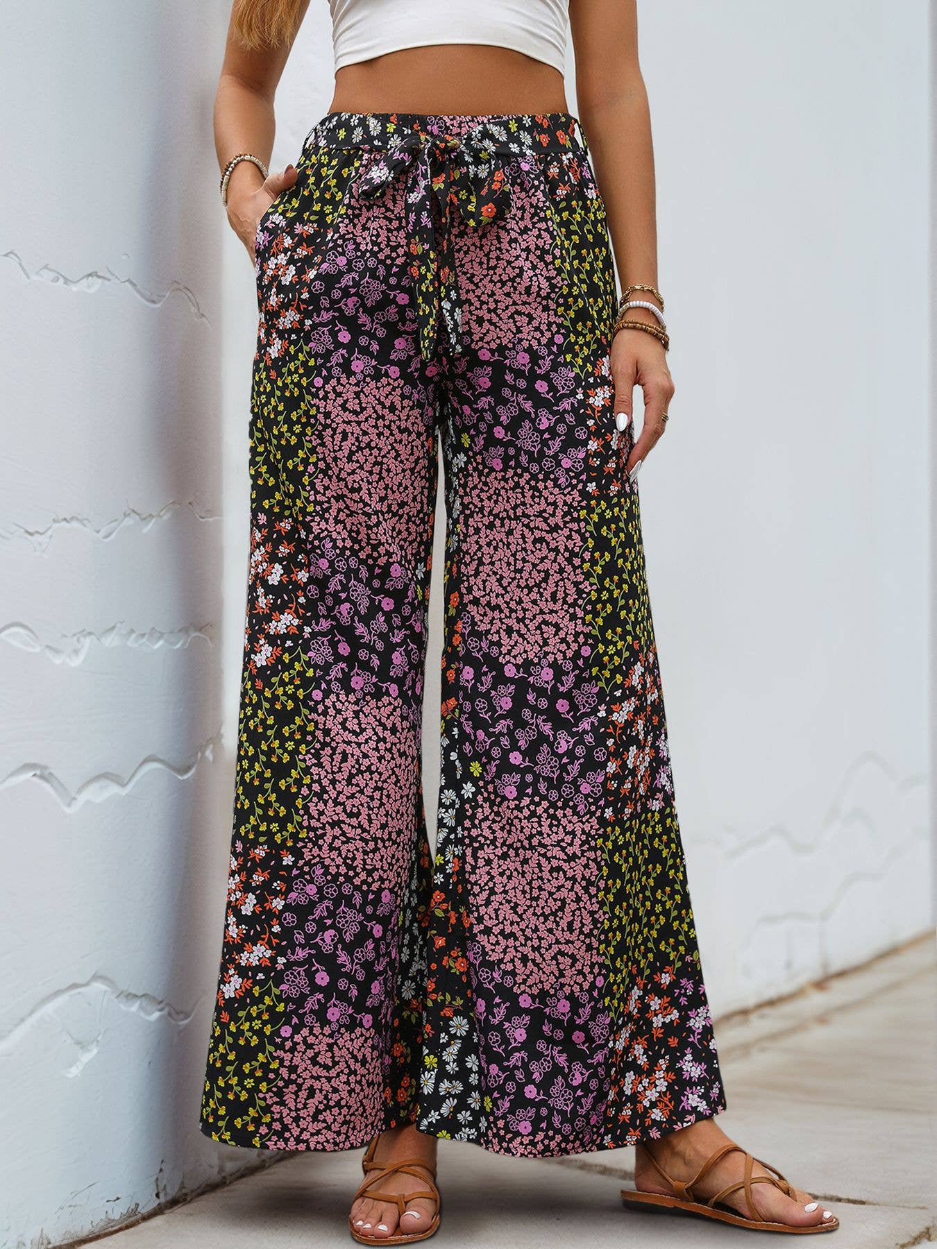Casual lace-up printed high-waisted trousers