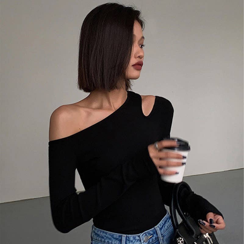 Sexy one-shoulder solid color slim bottom shirt