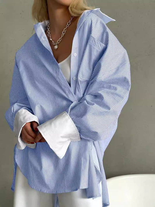 LAPEL BLUE AND WHITE STRIPED SLOUCHY CASUAL SHIRT