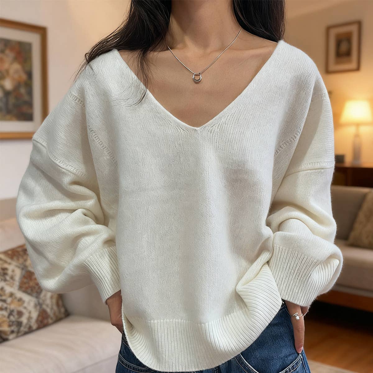 V-neck solid color loose wool sweater