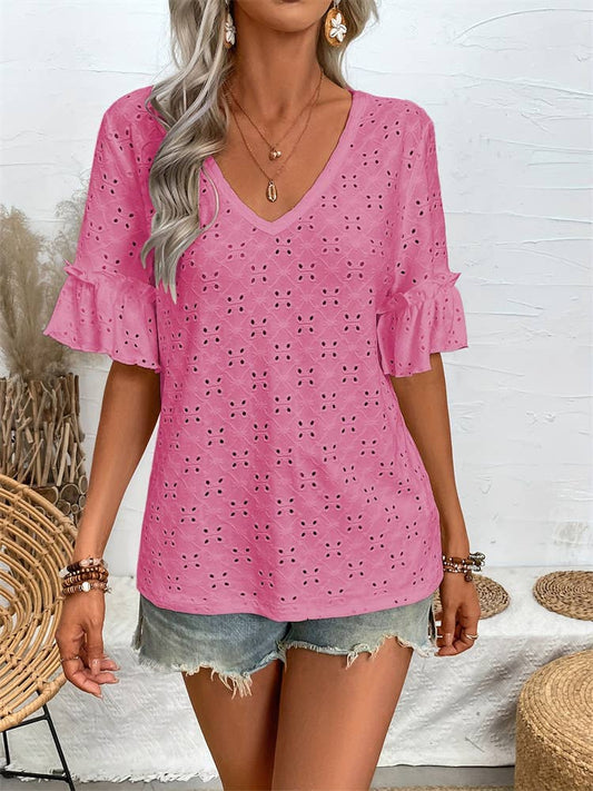 Knitted embroidered hollowed-out flanged top