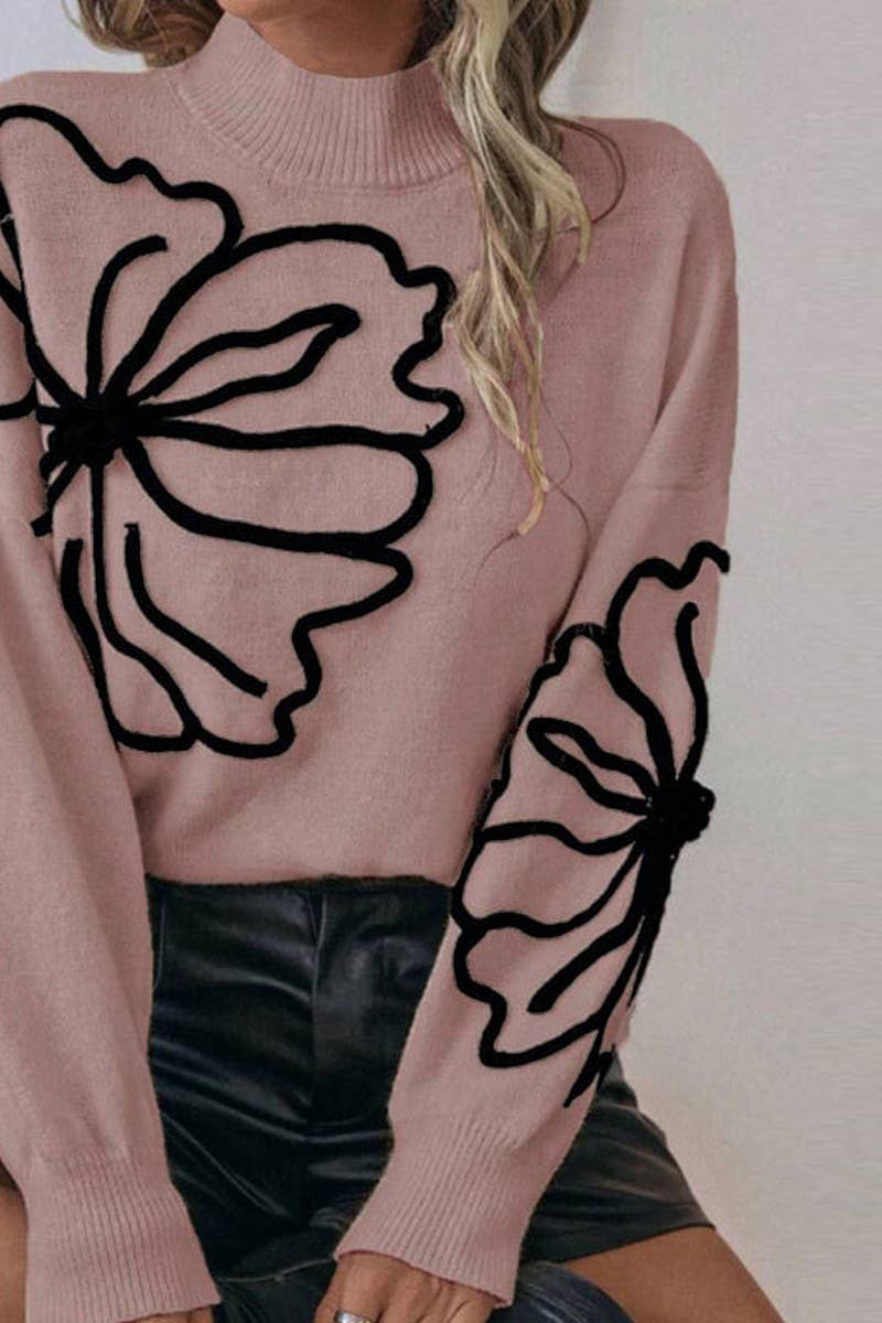 CWOSWL07303_EMBROIDERED 3D FLORAL HIGH NECK KNIT SWEATER