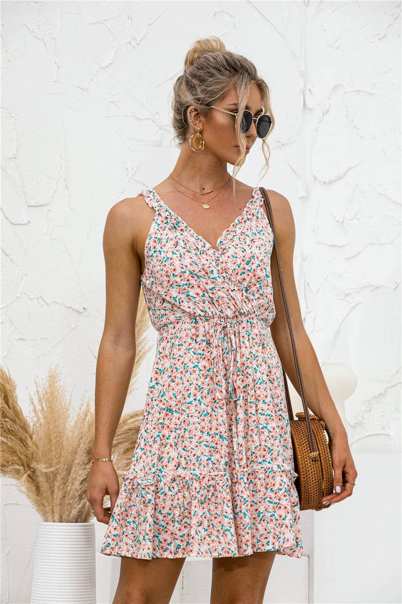SEXY V NECK HALTER RUFFLED FLORAL DRESS_CWDSD2630