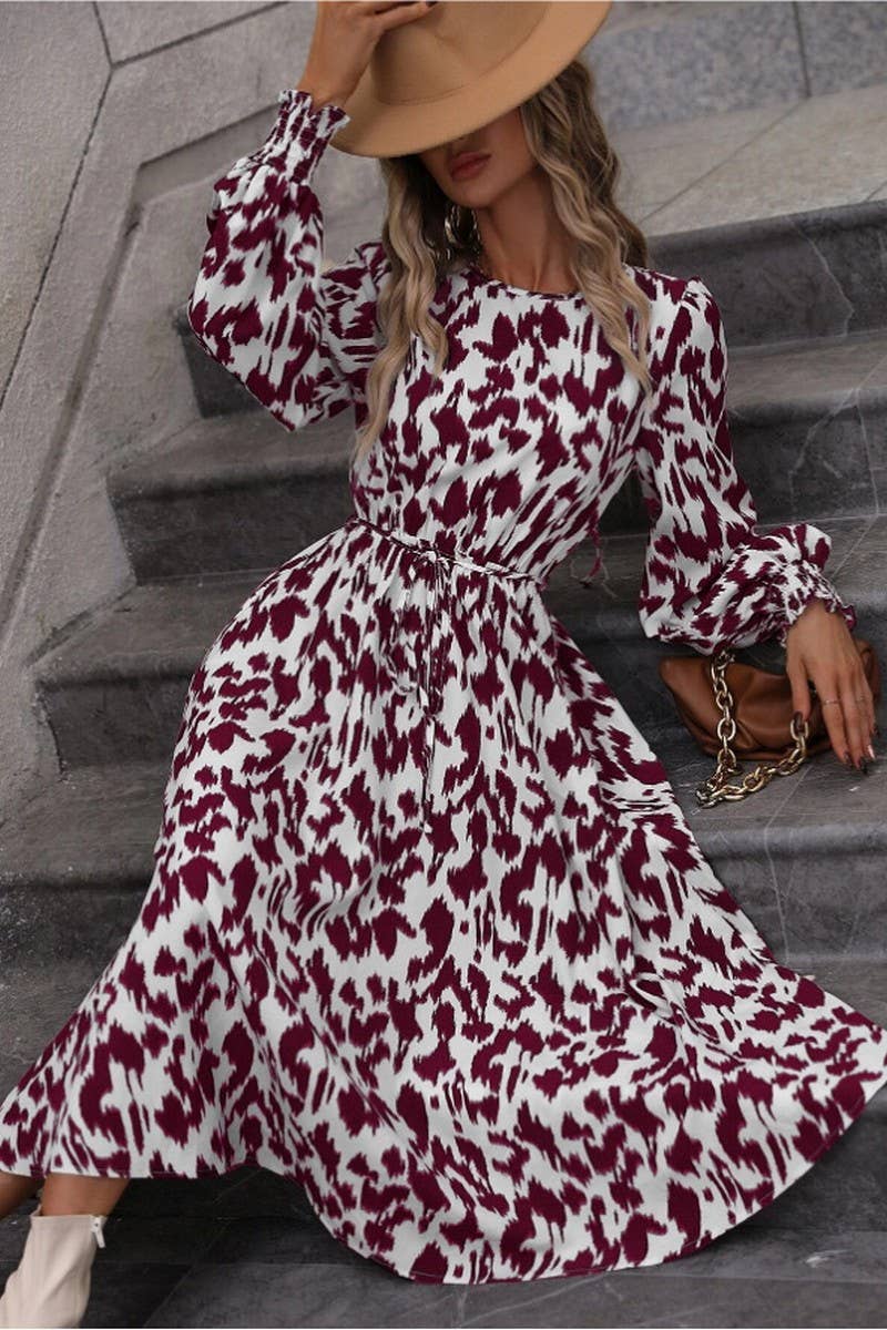 CWDSD6570_LEOPARD PRINT TIE LONG SLEEVE SWING DRESS