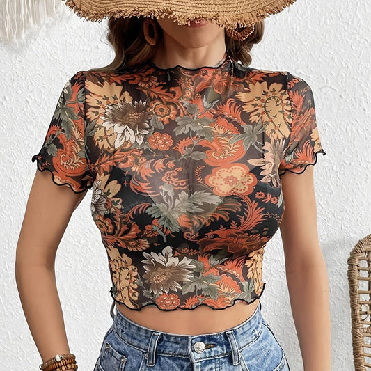 A net gauze printed flower and wood ear T-shirt