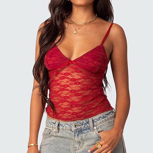 V-neck sexy lace see-through halter top