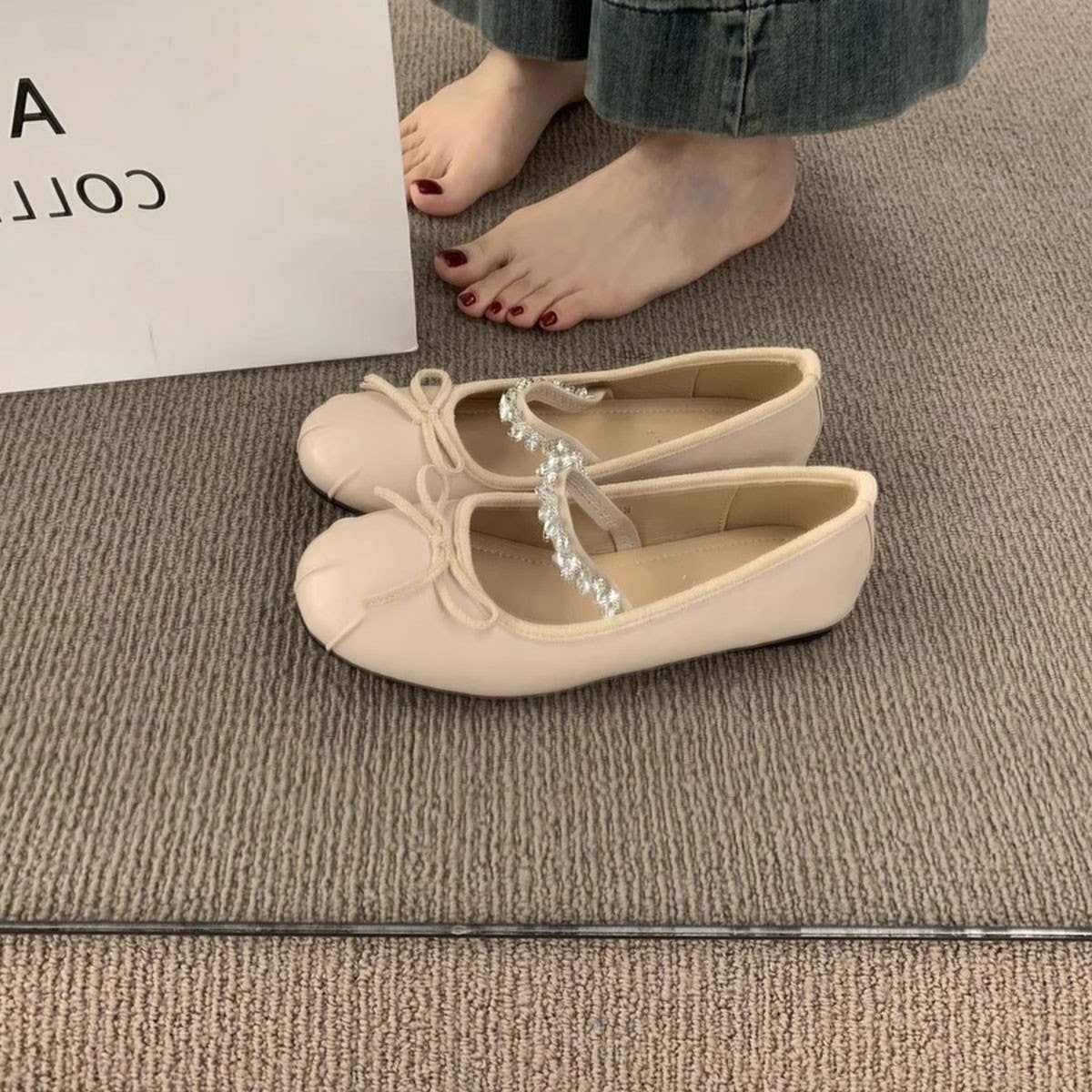 Rhinestone Strap Flat Mary Jane Bow Ballet Flats