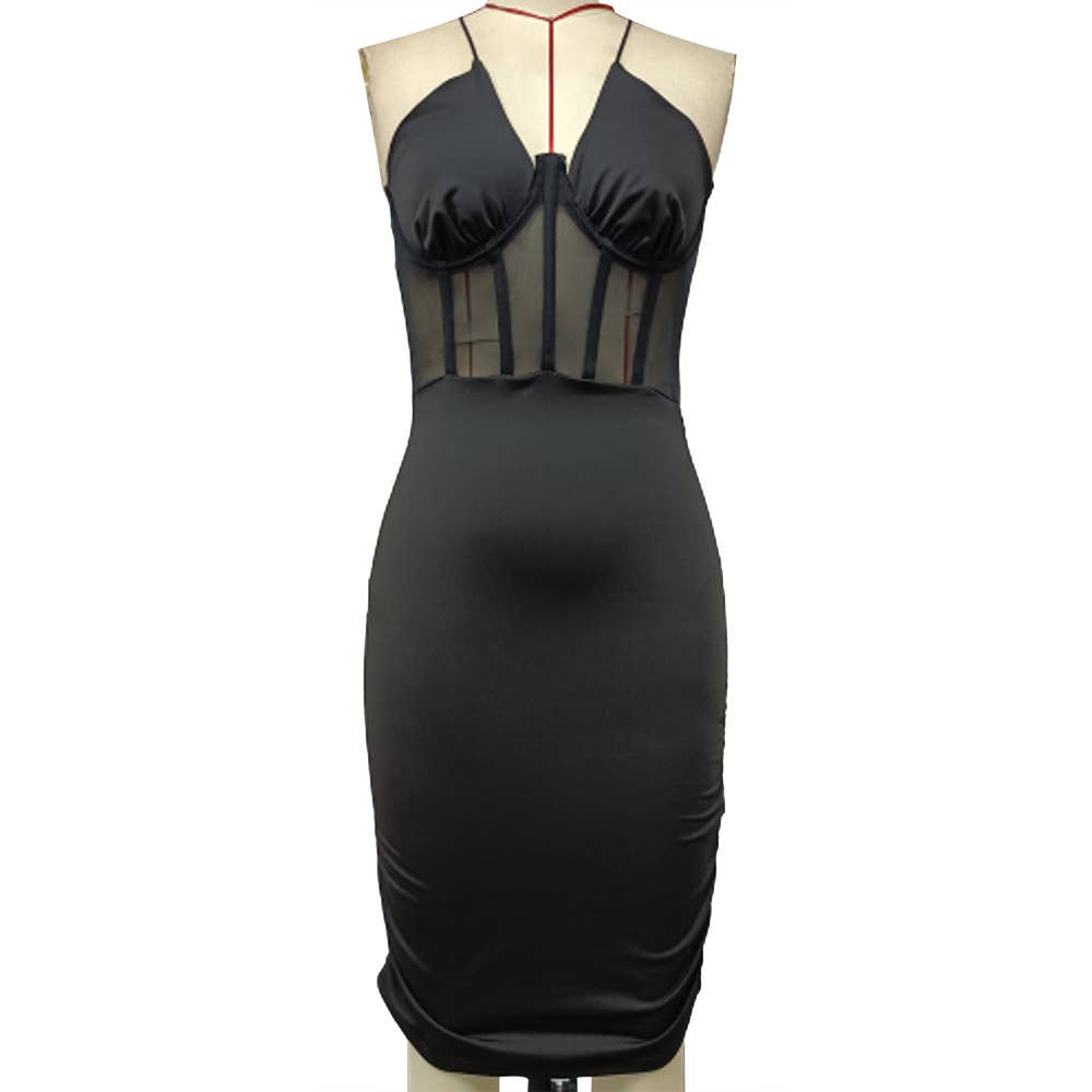 SPLICED SOLID COLOR CROSS STRAP FISHBONE DRESS