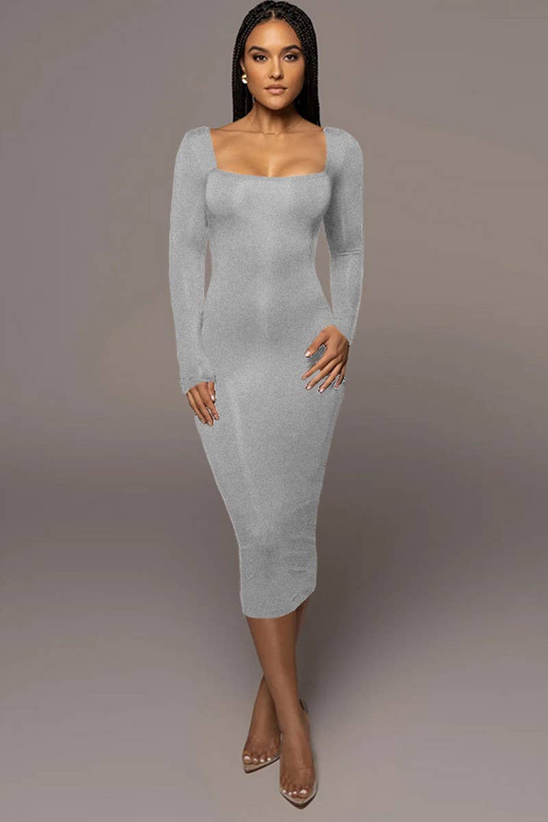 CWDMD4902_SOLID COLOR SLIM SQUARE NECK LONG SLEEVE DRESS