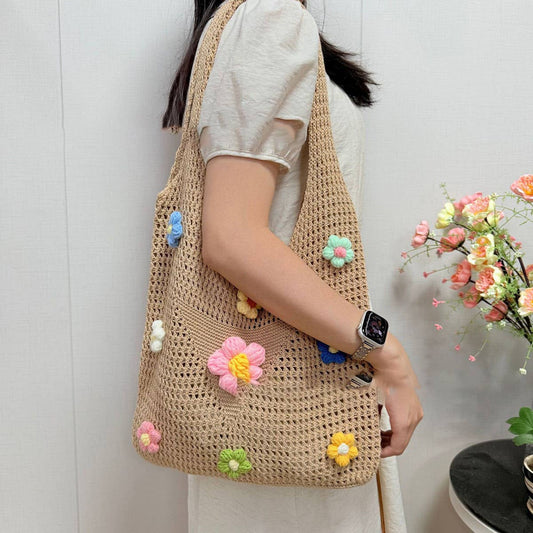 CUAB00328_2025 BOHO KNIT TOTE BAG LARGE BEACH VACATION FLORA