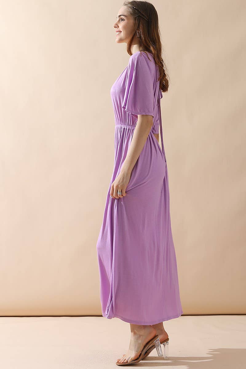 CWDMD825_V NECK BACK BOW TIE EMPIRE MAXI DRESS