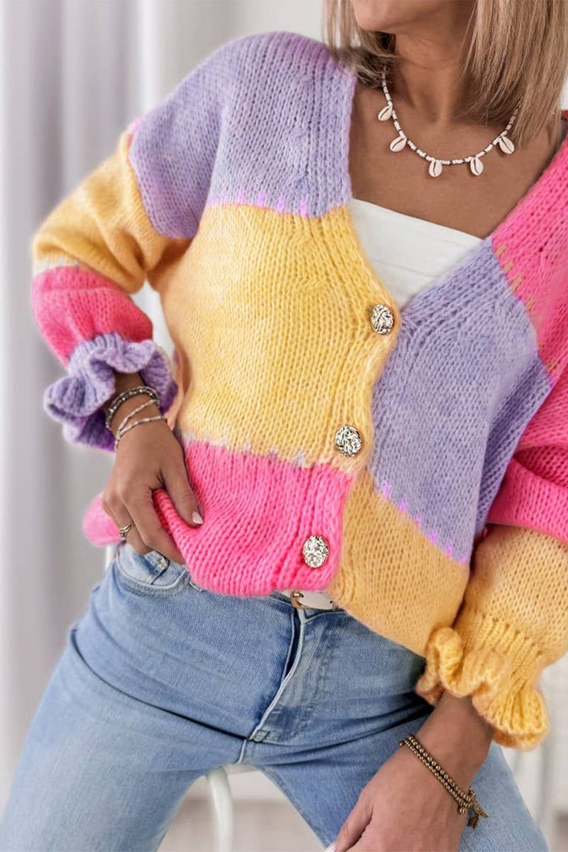 CWOCAL2362_COLORBLOCK RUFFLE EDGE LOOSE KNIT CARDIGAN