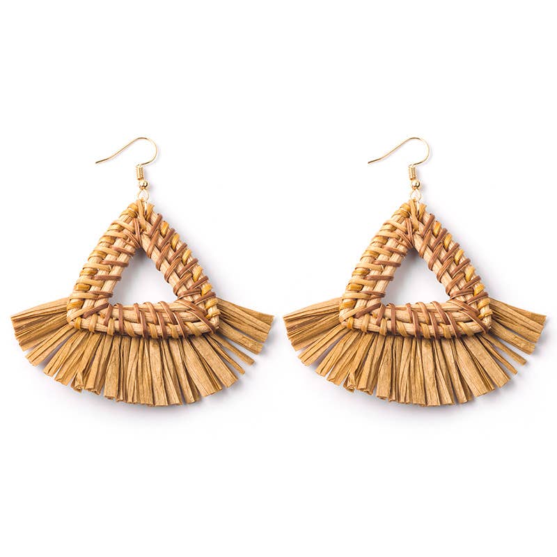 Hand-woven geometric rattan raffia earrings