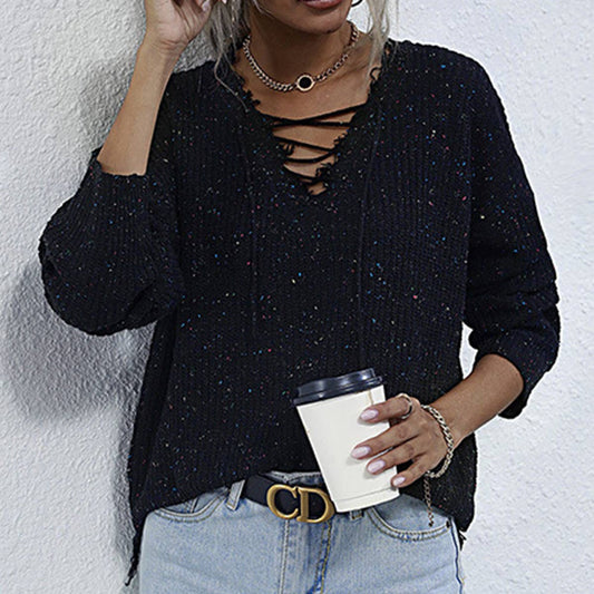 SOLID COLOR CASUAL CUT EDGE LOOSE V-NECK SWEATER