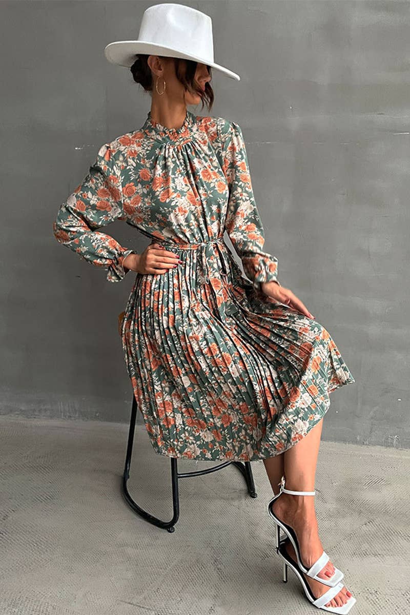 PRINTED LONG-SLEEVED HALF-TURTLENECK DRESS