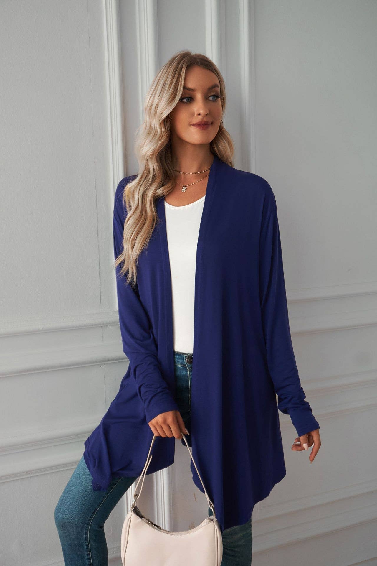 Solid-color,buttonless long-sleeved cardigan