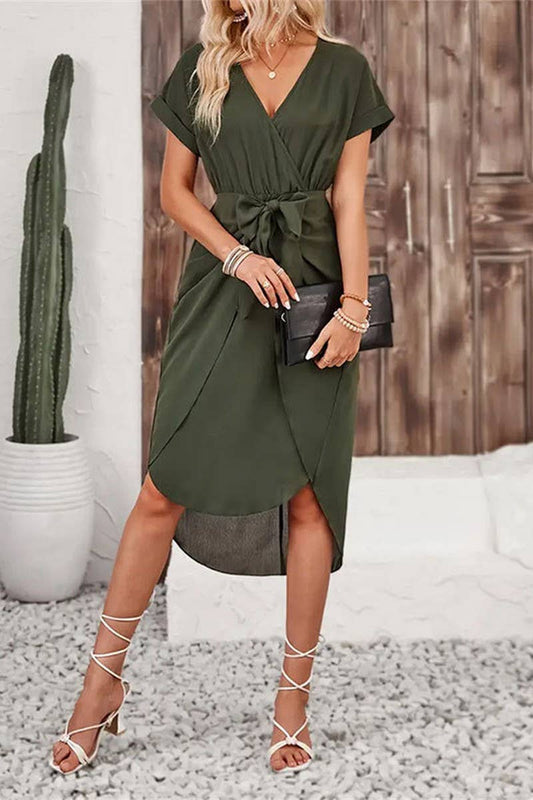 CWDSD7412_SOLID SLIT WRAP TIE SHORT SLEEVE DRESS