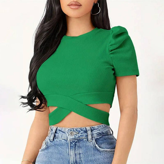 Round neck puffy sleeve crop short top