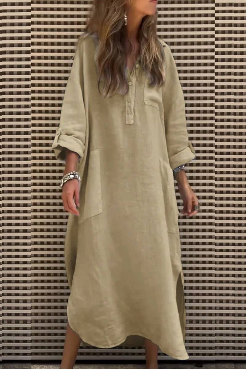 CWDMD4870_SOLID COLOR BUTTON POCKET IRREGULAR DRESS